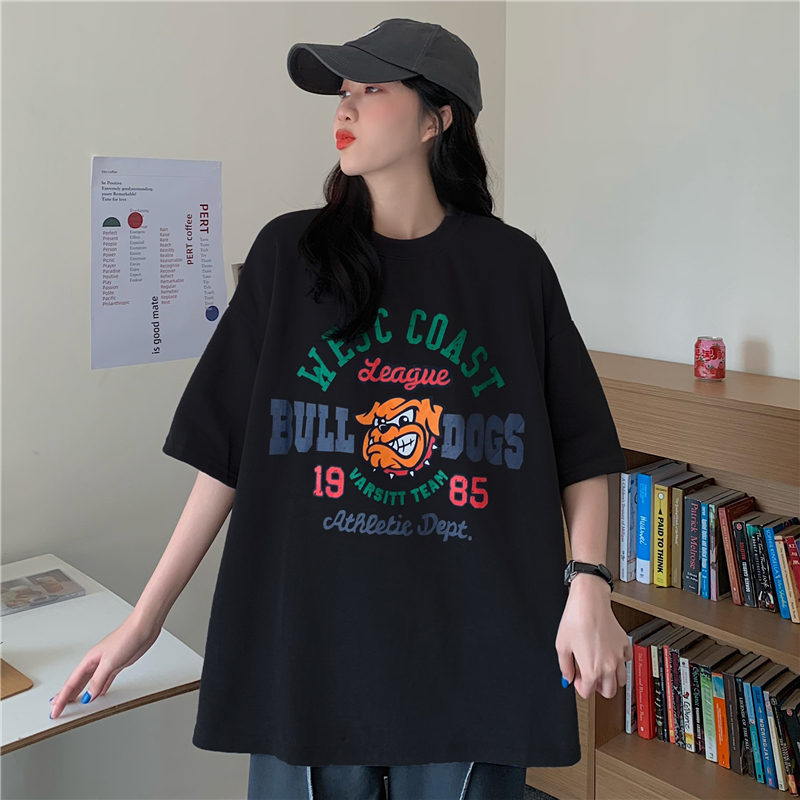 Real shot cotton cartoon printed short sleeve T-shirt women's loose size