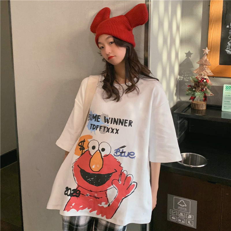 Real shot cotton short sleeve T-shirt women's loose size cartoon printing versatile creativity