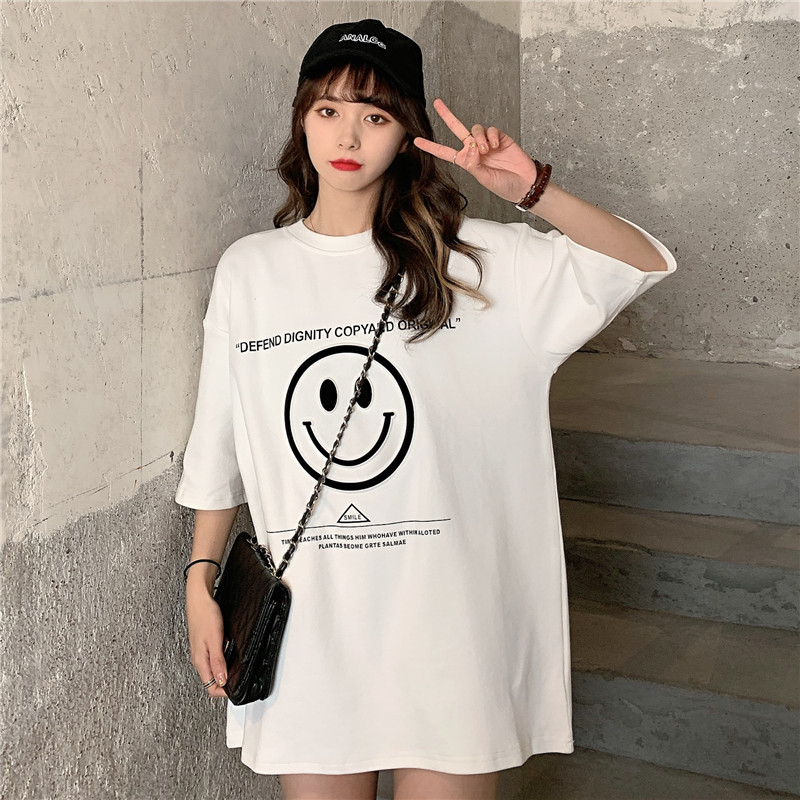 Real shot cotton foam three dimensional smiling face printing loose size short sleeve T-shirt for women