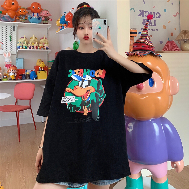 Real shot cotton short sleeve T-shirt women's loose size cartoon printing versatile creativity