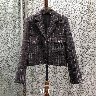 米兰小镇南油高版 双袋外套K26 本欧货编织格纹粗花呢亮片驳领短款