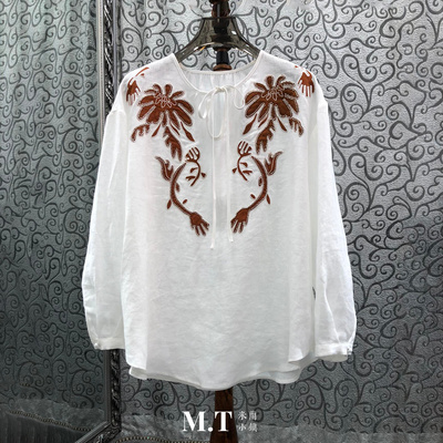 米兰小镇南油高版欧货民族风对称贴布图花钉珠领系带亚麻上衣B27