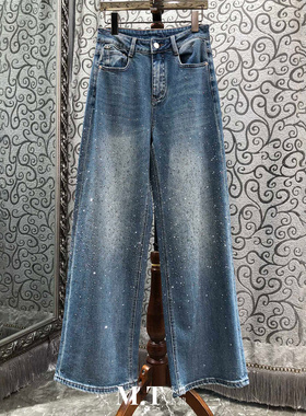 米兰小镇南油高版本双膝水洗磨白重工雪点烫钻直筒牛仔长裤女L27