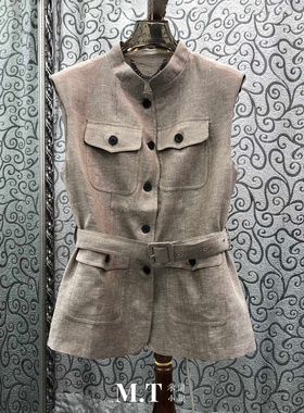 米兰小镇南油版本透气舒适棉麻腰系带四口袋立领百搭收腰马夹C21