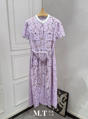 现货特价米兰小镇南油高版本温婉大气紫色蕾丝腰系带透视连衣长裙