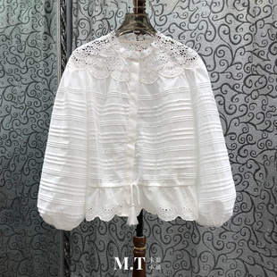 米兰小镇南油高版 水溶花无领抽绳上衣L25 欧货打条压褶设计灯笼袖