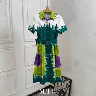 现货特价米兰小镇南油版本亮眼彩色印花水彩涂鸦腰系带短袖连衣裙