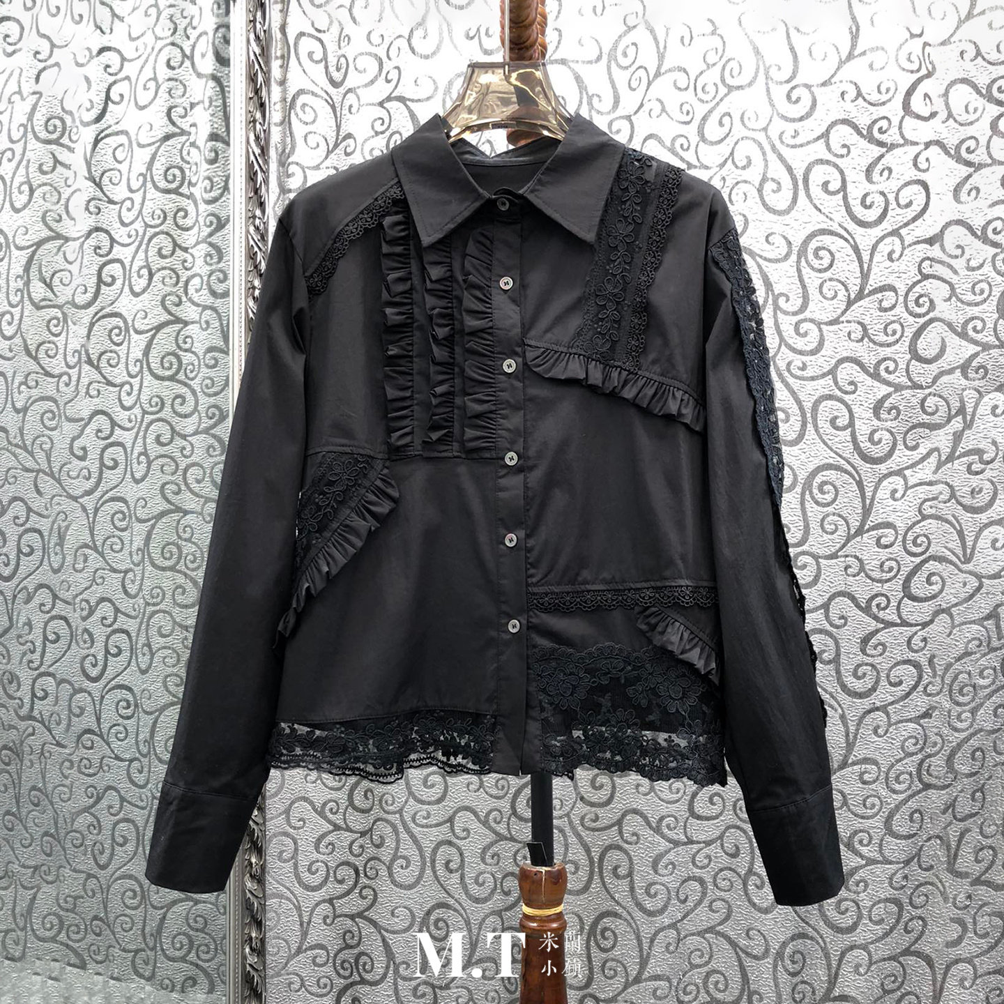 米兰小镇南油高版欧货时尚设计拼接刺绣荷叶花边长袖时髦衬衫女C4