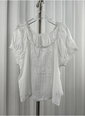 X米兰小镇南油版 欧货优雅小资蕾丝花边一字肩宽松泡泡袖上衣C29