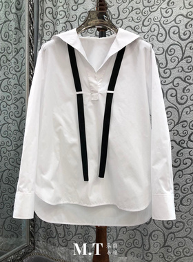 米兰小镇南油高版欧货高校风黑色领带V领海军棉套头长袖上衣女L31