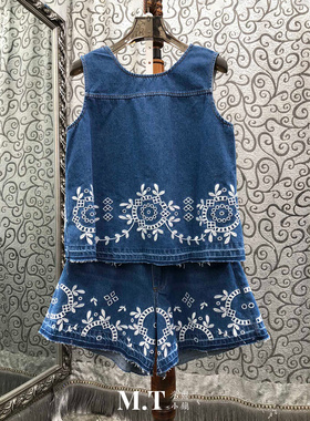 米兰小镇南油高版本慢时尚花藤刺绣水洗牛仔无袖背心+短裤套装C21