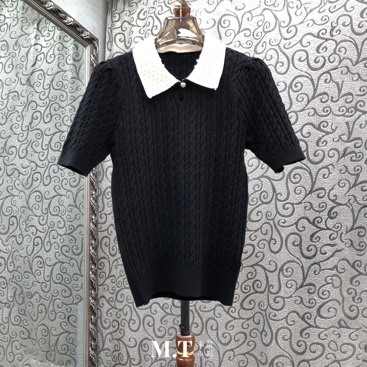 米兰小镇南油高版本撞色珍珠小翻领复古套头麻花编织针织上衣L31