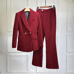 现货特价米兰小镇南油大方得体亮丝华夫格西装配喇叭裤丝绒套装