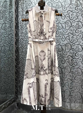 X米兰小镇南油高版古典宫廷典雅印花领系带无袖收腰背心连衣裙L10