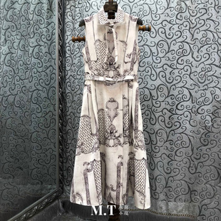 X米兰小镇南油高版古典宫廷典雅印花领系带无袖收腰背心连衣裙L10