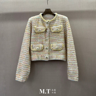 现货特价 小香风彩色编织金线粗花呢镶钻纽扣外套 米兰小镇南油高版