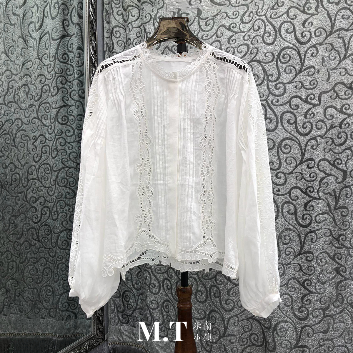 X米兰小镇南油高版欧货中古宫廷镂空绣花打条雕刻无领宽松衬衫C3