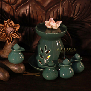 泰式spa深绿芳疗陶瓷鸭嘴精油闻香瓶编织托盘套装东南亚调配工具