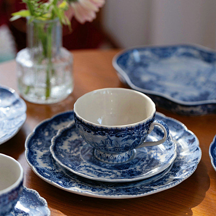 ZJ HOME 青花中古蓝色城堡釉下彩咖啡杯碟甜点盘牛排盘餐盘收藏级