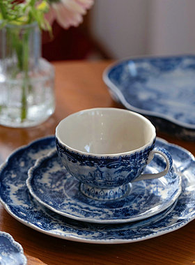 ZJ HOME 青花中古蓝色城堡釉下彩咖啡杯碟甜点盘牛排盘餐盘收藏级