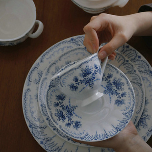ZJ HOME 法式复古咖啡杯碟蓝白碎花中古经典陶瓷甜点蛋糕西餐摄政