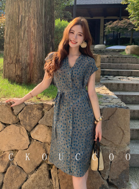 荣太夏日静海蓝色波点桑蚕丝真丝连衣裙女荷叶袖系带收腰A字长裙