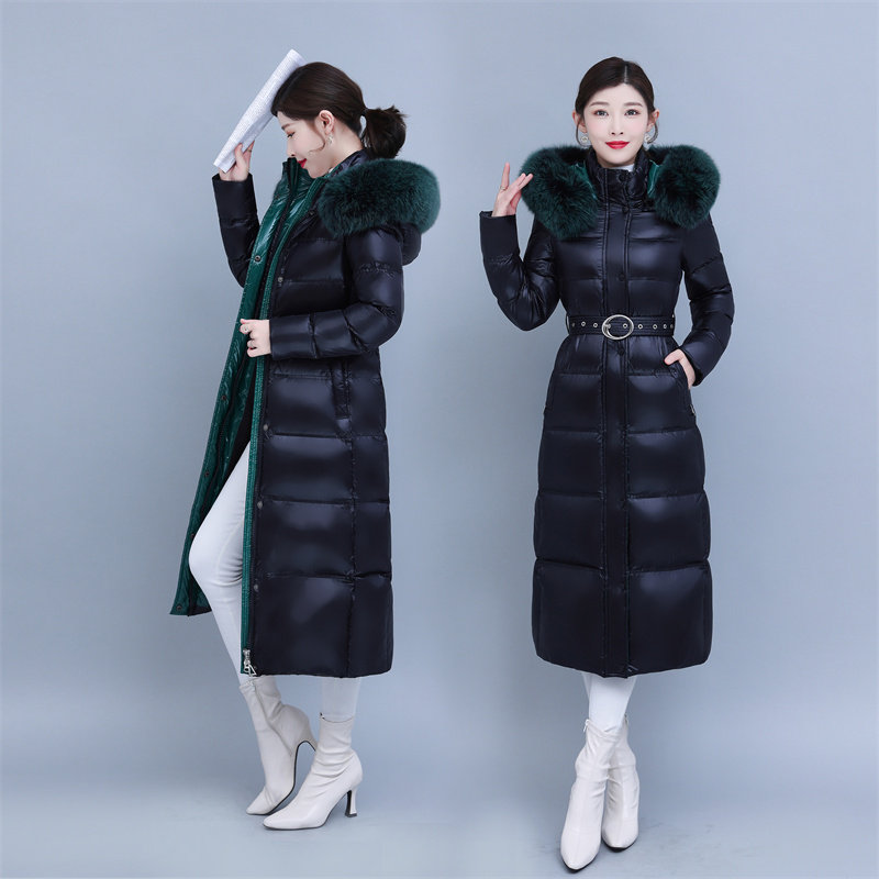 真狐狸毛领白鸭绒加厚外套连帽抗寒保暖黑色长款羽绒服女修身过膝