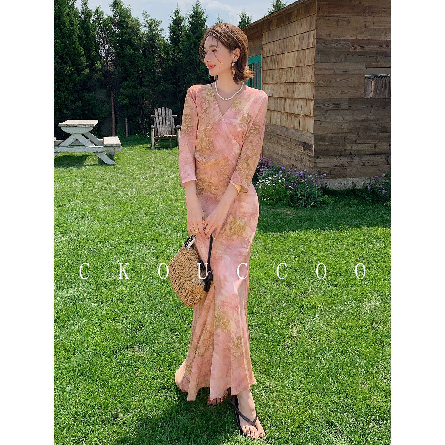 朦胧花境粉色金花桑蚕丝连衣裙女时尚系带修身唯美真丝长裙子