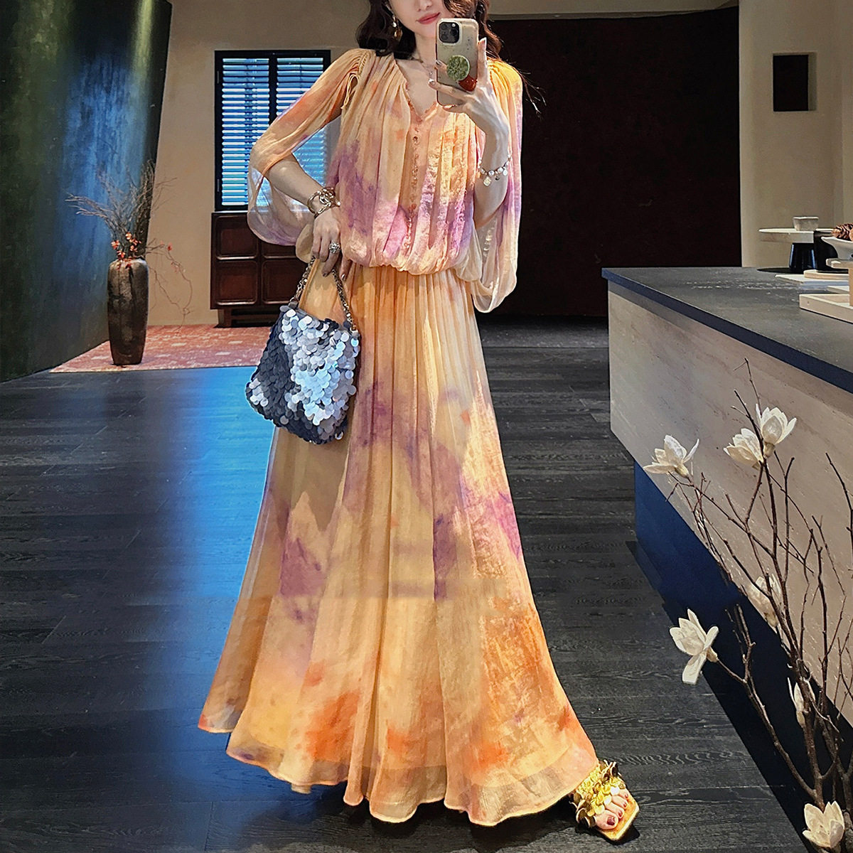 柠夏人丝顺纡绉渐变晕染斗篷袖连衣裙2026新款今年流行爆款设计感