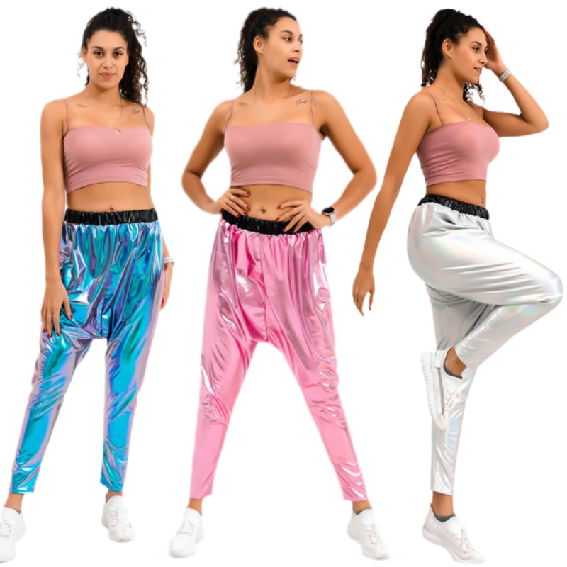 女士加大码哈伦裤金色亮面仿皮吊裆裤爵士舞蹈表演服高腰垮裆长裤