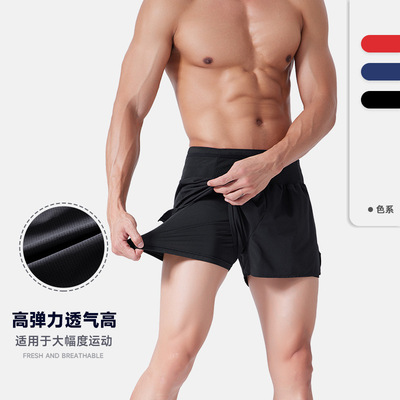 夏季男士马拉松越野训练三分裤假两件跑步健身运动短裤带拉链口袋