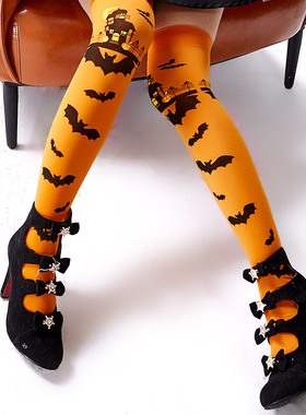 万圣节女巫cosplay南瓜蝙蝠橙色过膝袜子紫色日系可爱长筒袜配件