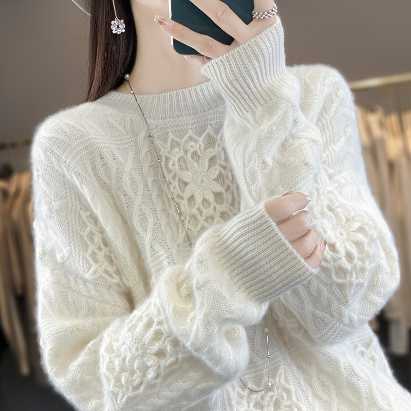 秋冬加厚慵懒风钩花毛衣女