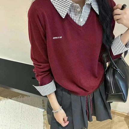 衬衫翻领拼接假两件针织毛衣女秋冬打底学院风宽松打底衫长袖上衣
