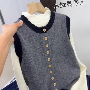 韩系撞色针织开衫马甲女春秋新款宽松慵懒风毛衣背心坎肩无袖上衣