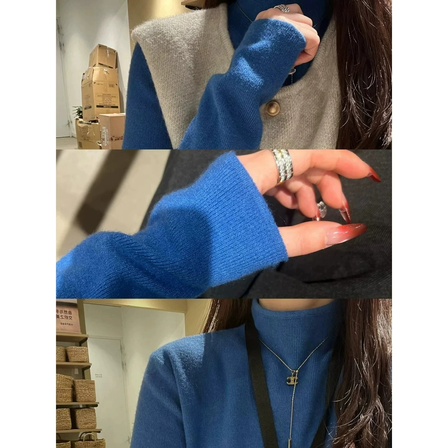 韩系入秋穿搭蓝色内搭针织开衫马甲两件套女秋冬新款毛衣叠穿上衣