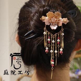 庭院工兮原创设计粉蝶贝小花淡水珍珠发夹汉服古风旗袍盘发头饰
