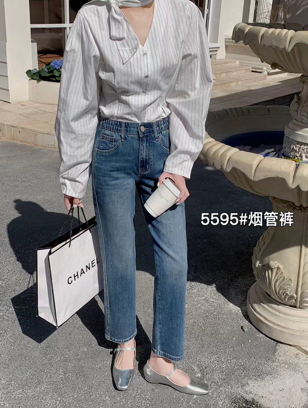 牛仔烟管裤女2025夏新款休闲简约松紧高腰显瘦直筒九分裤浅色5595