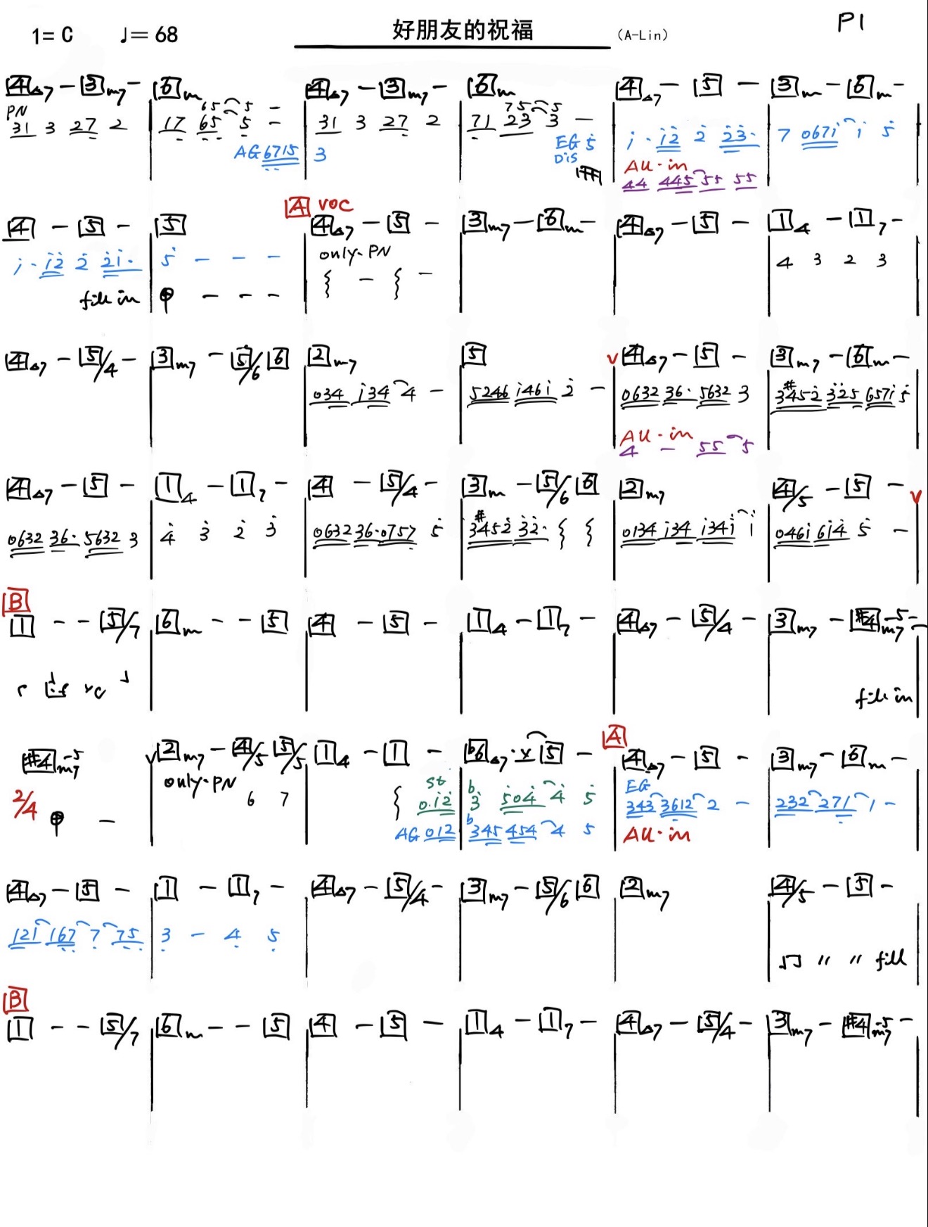 乐队总谱功能谱和弦级数谱跑场谱卓著谱白玉米乐谱键盘谱吉他谱等