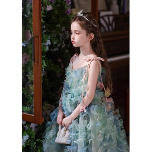 新款 绿色儿童礼服生日公主裙2025春季 花童甜美森系吊带日常童