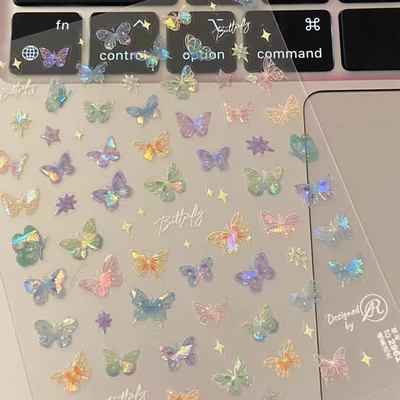 小红书同款蝴蝶流光美甲贴纸可爱少女童趣表情指甲贴多巴胺嘴嘴怪