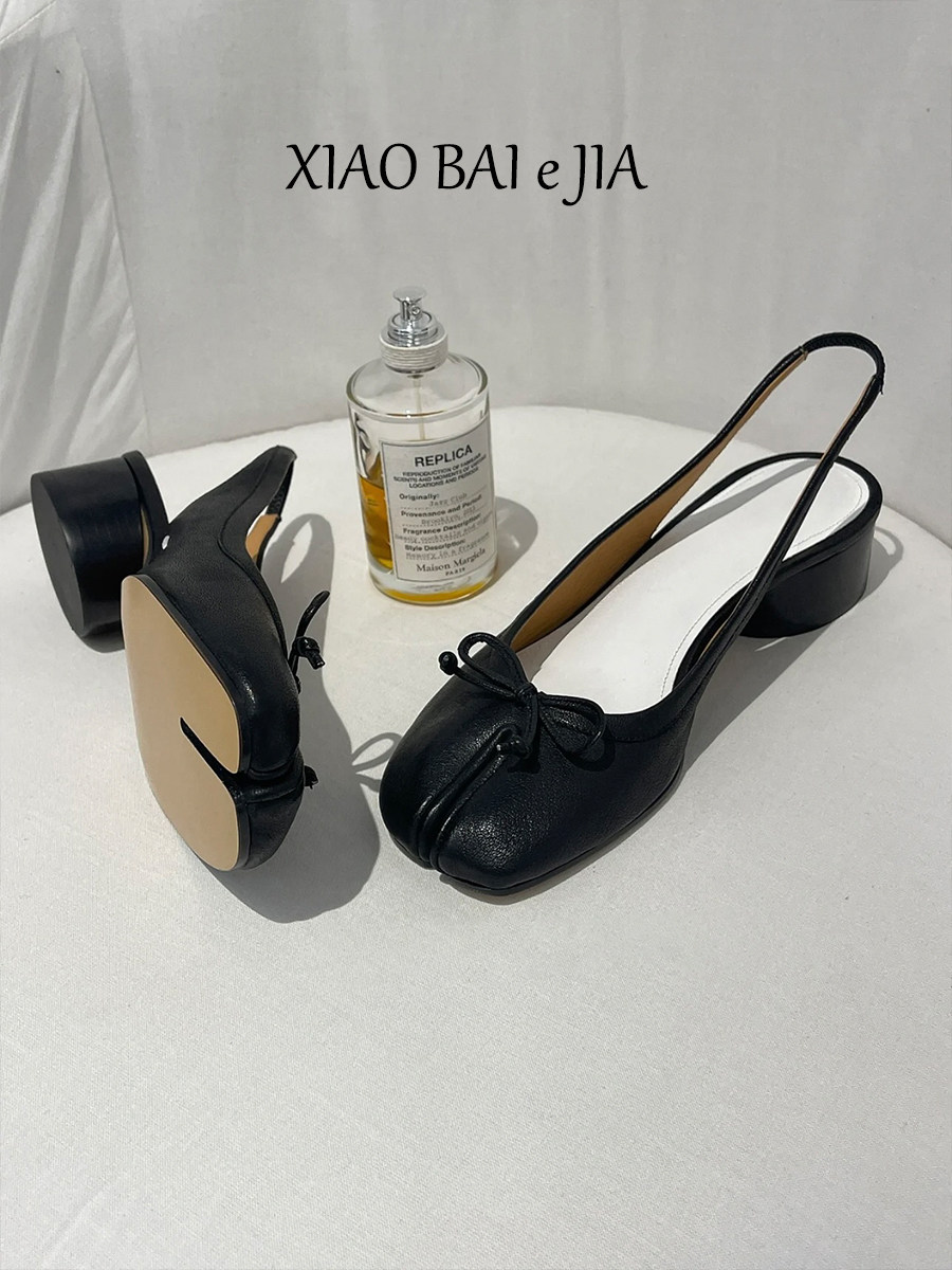thumbnail for Sheepskin Version ~ Black Bow-Tie Backless Ballet Shoes for Women 2026 New Retro Versatile Chunky Heel Shallow Mouth Single Shoes
