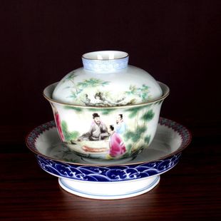 粉彩竹林七贤纹大号三才盖碗景德镇仿古玩古董陶瓷器复古手工茶具