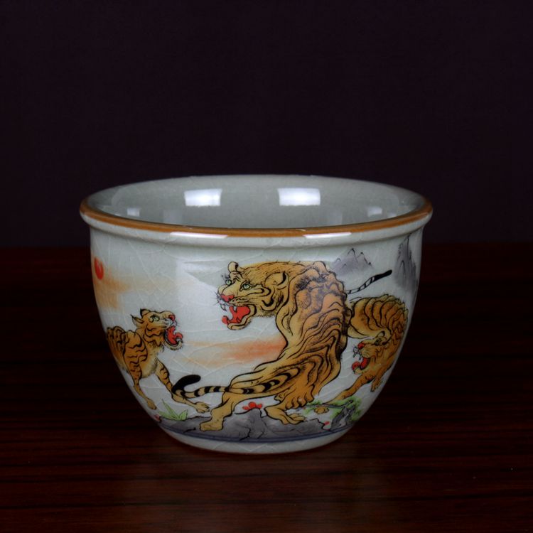 老陶泥开片釉粉彩老虎纹主人杯茶杯品茗杯古玩古董陶瓷器仿古茶具