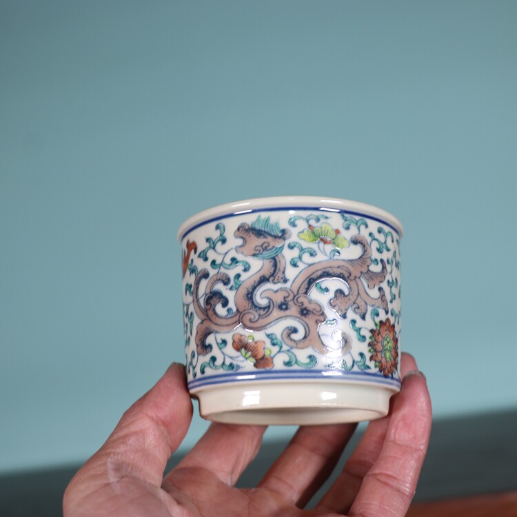 红旗瓷厂黄稀土釉下五彩螭龙纹直口杯景德镇古玩古董陶瓷器收藏品