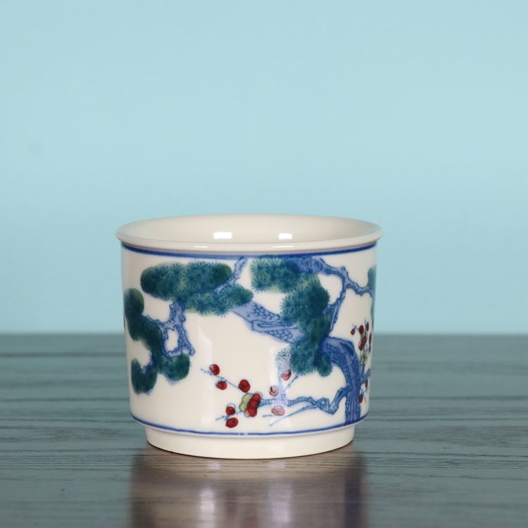 红旗瓷厂黄稀土釉下五彩松竹梅直口杯景德镇古玩古董陶瓷器收藏品