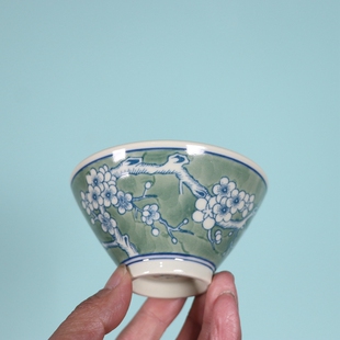 红旗瓷厂黄稀土釉下青花五彩绿冰梅斗笠杯景德镇陶瓷器古玩董收藏