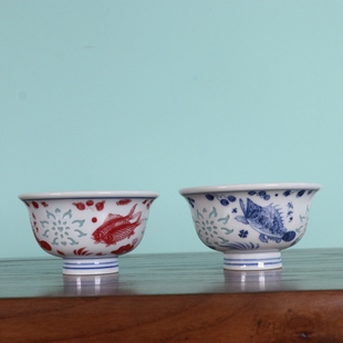 釉下青花红玲珑鱼藻压手杯景德镇古玩古董陶瓷器手工仿古收藏茶具