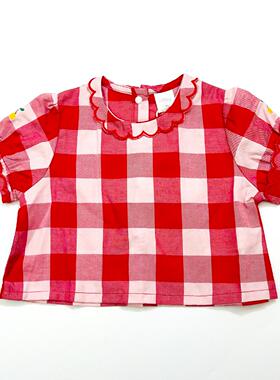 日单 fut* 满眼喜色 好看的文艺红格 女童宝宝夏季短袖娃娃衫衬衫