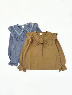 花朵袖口~森系翻领~女童春秋长袖棉布上衣衬衫娃娃衫打底衫上衣